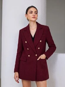Aveloria Modichic 女款修身收腰紋理粗花呢雙排扣金鈕扣尖領優雅商務酒紅色秋季感恩節洋裝 - 紅色 - 查看 2