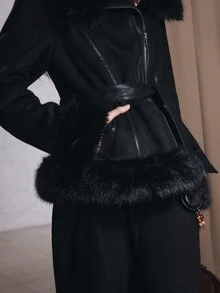 Anewsta Women Faux Shearling Jacket With Faux Fur Collar, Belted Waist & Asymmetric Zip - Black - View 2