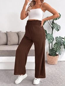 SHEIN Maternity Solid Color Waist Gathered Wide Leg Loose Long Pants - Coffee Brown - View 4