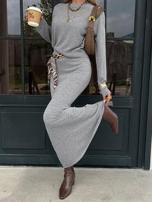Livesso Setelan 2 Potong Sweater Kasual Musim Gugur/Dingin Wanita & Rok Rajut Ekor Ikan - Grey - View 5