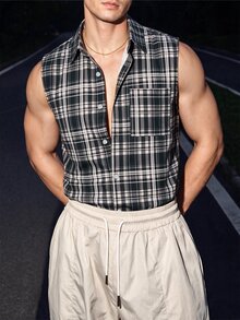 TONEVAULT 男士格紋單排扣休閒口袋背心 - 黑與白 - 查看 5