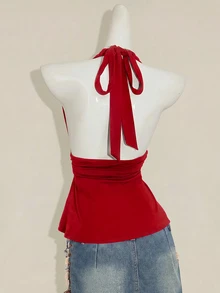 SHEIN ICON 萬聖節女款掛脖露背黑色娃娃裝背心上衣 - 紅色 - 查看 3