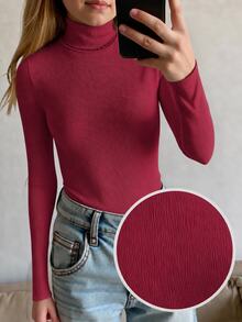 Tween Girls Autumn/Winter White Knitted High Neck Casual Slim Fit Textured Ribbed Base Layer Versatile Minimalist T-Shirt Top - Burgundy - View 1