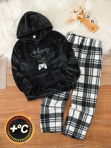 SHEIN 兒童青少年男孩秋冬極簡休閒連帽長袖黑白格紋法蘭絨睡衣套裝 2件組 - 黑與白 - 查看 2