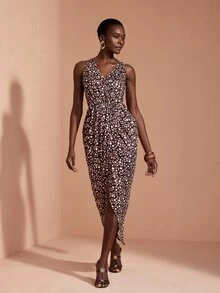 JIAN LASALA Knit Sleeveless V Neckline Overlapping Ruched Drape Long Dress Elegant Vacation - Multicolor - View 3