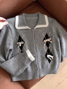 GlowEve CURVE Plus Size Peter Pan Collar Argyle Bow Cardigan - Grey - View 1
