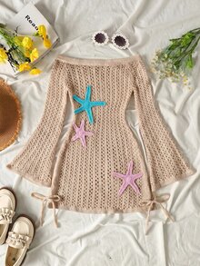 SHEIN Kids Tween Girl Beach Vacation Applique Embroidery Hollow Off-Shoulder Cover-Up Dress For Beach And Cruise - Multicolor - View 1