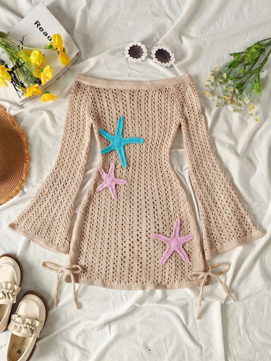 SHEIN Kids Tween Girl Beach Vacation Applique Embroidery Hollow Off-Shoulder Cover-Up Dress For Beach And Cruise - Multicolor - View 1