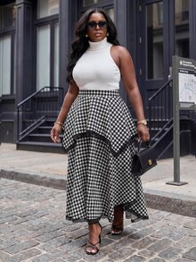 Slaydiva Rok Panjang Asimetris Berlapis Ganda Motif Houndstooth Hitam Putih untuk Kencan Harian, Ukuran Plus - Hitam dan Putih - View 7