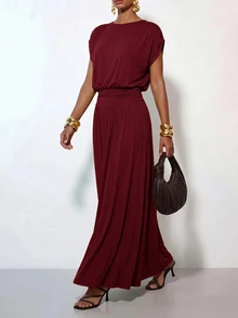 Zivah Gaun Panjang Elegan Wanita Warna Polos Leher Bulat Model Sayap Kelelawar Lengan Pendek - Burgundy - View 4