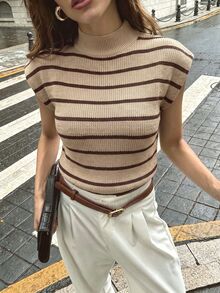 Firerie Elegant High Neck Loose Casual Versatile Sleeveless Knit Sweater Vest, Suitable For Dating, Chic - Camel - View 11