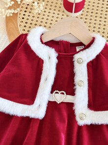 SHEIN Set 2 Potong Gaun Kasual Tanpa Lengan Leher Bulat dengan Kerah dan Kardigan, Motif Patchwork Rajut Warna Kontras untuk Bayi Perempuan dan Hiasan Bulu Imitasi - Red and White - View 5