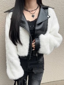 FRIFUL 女款毛絨拼接休閒街頭風性感百搭日常長袖外套 秋季夜生活 黑白配色 - 杏色 - 查看 2