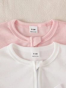 SHEIN 2件裝女嬰長袖連身衣，可愛甜美粉色與白色，蝴蝶結緞帶，圓領，常規款，適合秋季假期派對，前開拉鍊 - 彩色 - 查看 3
