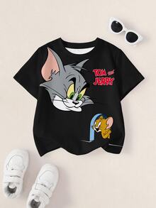 TOM & JERRY X SHEIN Young Boy Summer Casual Cartoon Print T-Shirt - White - View 1
