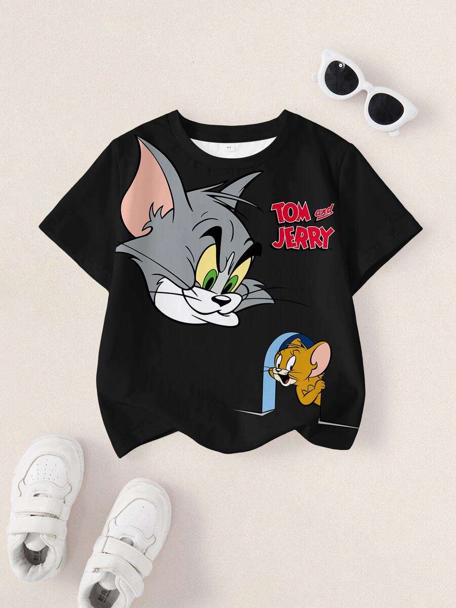 TOM & JERRY X SHEIN Young Boy Summer Casual Cartoon Print T-Shirt - White - View 1