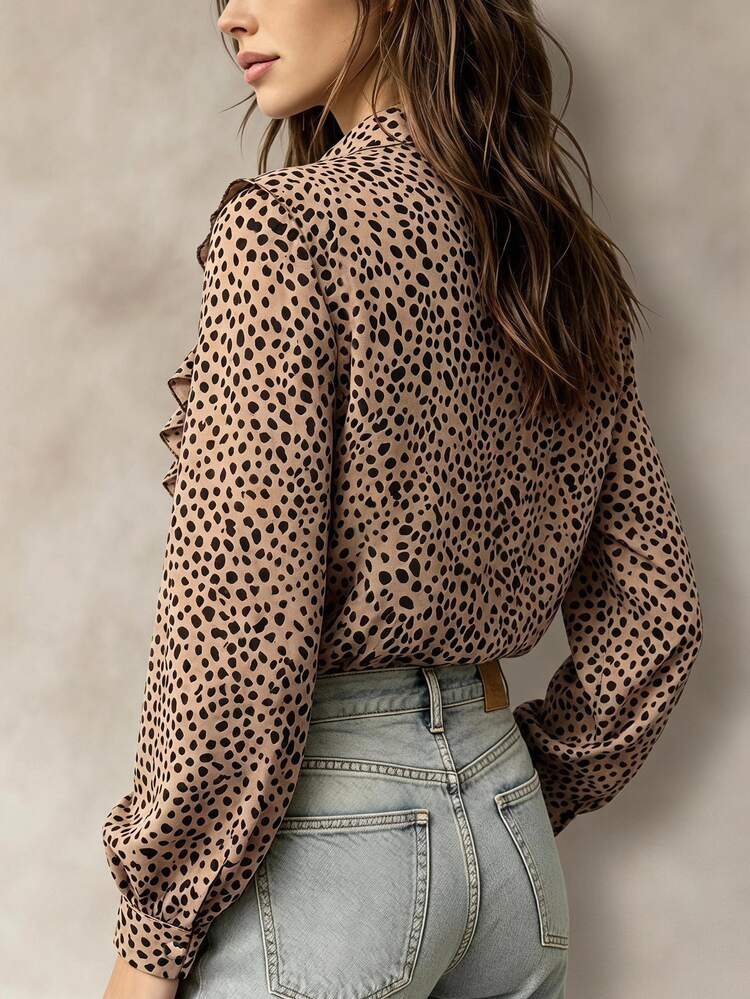 SHEIN Blus Wanita Kasual Serbaguna Lengan Panjang dengan Kerah Ruffle dan Motif Polkadot Asimetris, Musim Gugur - Khaki - View 2