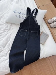 SHEIN Celana Jeans Denim Longgar, Nyaman, Sederhana, Bertekstur Halus, Hangat, dan Bergaya untuk Kepergian ke Sekolah (Warna Hitam) - Biru - View 2