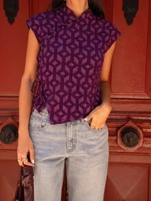 Nöista Atasan Lengan Pendek Asimetris Motif Geometris. Musim Panas, Gugur, Gaya Kasual Chic, Jalan-jalan, Pesta. - Purple - View 11