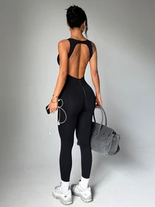 SHEIN Dewbera Women's Solid Color Backless Seamless Yoga Jumpsuit - Black - View 1