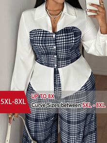 SHEIN CURVE+ 大尺碼女款法式領格紋印花 2 合 1 上衣與長褲套裝 秋季 - 彩色 - 查看 1