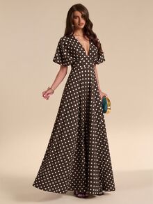 SHEIN BAE 秋冬棕色白色波點深V領泡泡袖高腰A字裙法式復古風洋裝 - 棕色 - 查看 7