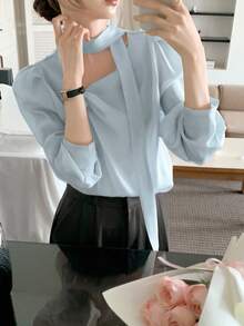 DAZY Women's Tie-Up Elegant Korean Style Long Sleeve Spring/Summer Blouse - Baby Blue - View 1