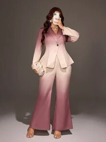 Viva Relle Plus Size Women's New Gradient Position Print Shoulder-Flattering Slimming Blazer 2 Pieces Set, Suitable For Commute, Office, Daily Wear, Versatile And Elegant - Multicolor - View 3