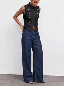 Maija Women's Double-Breasted Fashion Denim Vest For Vacation Going Out Tops For Women - Black - View 5