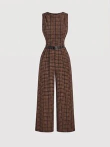 Skyraze Women's Fashion Commuter Plaid Sleeveless Jumpsuit - Mocha Brown - View 4
