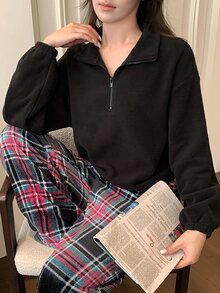 DAZY Bộ đồ ngủ nữ mùa thu/đông gồm áo kẻ caro và quần dài - màu đen - Xem 13