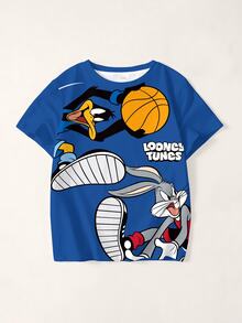 LOONEY TUNES X SHEIN Tween Boy Cartoon Print Short Sleeve Crew Neck T-Shirt - White - View 1