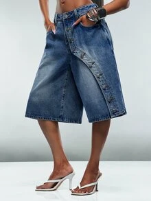Denimoi Button Front Oversized Denim Jorts Fashionable Streetwear Cool Girl Shorts Fall Outfits - Medium Wash - View 3