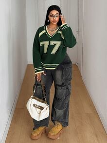 Maweii Sweater Pullover Wanita Ukuran Besar, Nomor 77, Gaya Akademik, Musim Wisuda, Musim Gugur/Dingin - MultiWarna - View 6