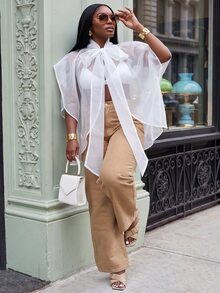 Slaydiva Spring/Early Autumn New Style Date, Commute, Modern, Daily Street, Music Festival, Holiday, Best Friend Gathering, Party Occasion Loose Neckline Tie Bow Ribbon Sheer White Mesh Cover Up Plus Size Women's Shirt Top-Z - White - View 7