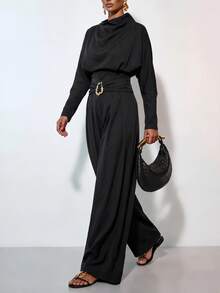 Zivah Women's Solid Color Pleated Batwing Long Sleeve Shirt And Wide Leg Pants Elegant 2 Pieces Set - Black - View 5
