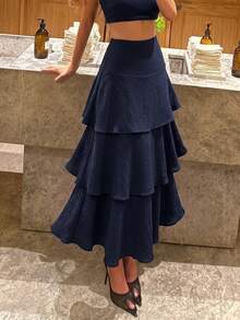 Siren Gaze Women's Navy Blue Polka Dot Exaggerated Layered Ruffle Design Long Skirt Polka Dot Skirt - Navy Blue - View 4