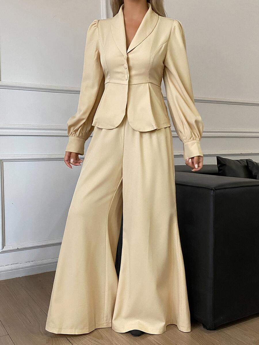 DAZY Solid Color Fitted Waist Long Sleeve Collared Shirt And Flare Pants Elegant Formal Vacation Spring Autumn 2 Pieces Set For Women - Apricot - View 1