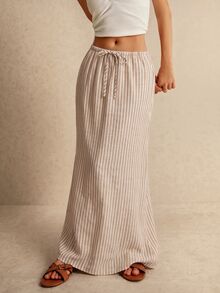 Poéselle 女款長裙、落地長裙、腰部繫帶、可愛裙子、低腰裙 - 卡其色 - 查看 2
