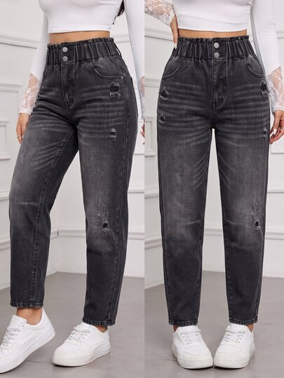 SHEIN Tall Women's High Waist Pocket Distressed Casual Versatile Denim Jeans