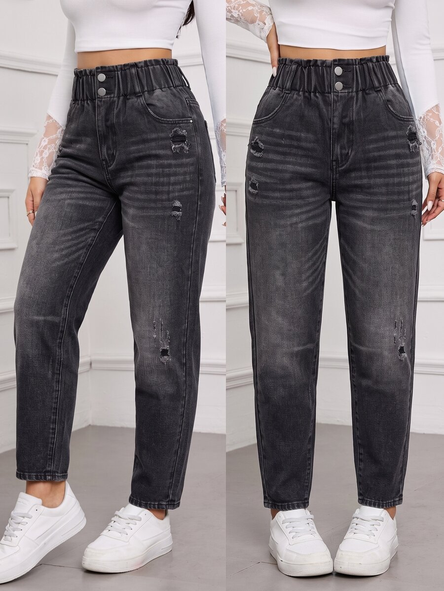 SHEIN Tall Women's High Waist Pocket Distressed Casual Versatile Denim Jeans