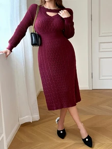 Feyla Women's Plus Size Casual Versatile Cable Knit Long Sleeve Dress - Burgundy - View 6