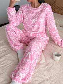SHEIN European & American Fluffy Pajama Set For Women, Autumn/Winter Premium Flannel Loungewear - Pink - View 3
