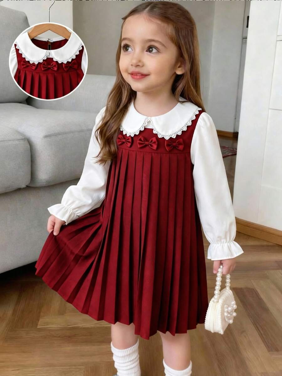Elladie kids 女童復古蕾絲領襯衫與百褶背心裙套裝,學院風校園風格 - 酒紅色 - 查看 1