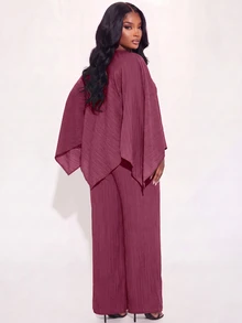 Poshavie Poshavie Setelan 2 Potong Asimetris Elegan, Mewah, Minimalis, Bertekstur, dan Nyaman untuk Wanita Ukuran Plus, Cocok untuk Bepergian, Jalan-jalan, Minum Teh Sore, dan Kencan. - Burgundy - View 2