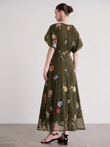 Aveloria Modichic Women's Chiffon Colorful Floral Print Raglan Sleeve Round Neck Short Sleeve Cinched Waist Elegant Long Dress - Dark Green - View 2
