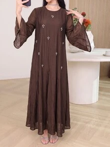 Yasmyna Women's Elegant Textured Rhinestone Arabian Dress - Coffee Brown - View 3