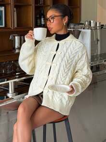 Muchica Women's Autumn New Apricot Cable Knit Frog Button Design Loose Cardigan - Apricot - View 6