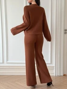 DAZY Women's Solid Color Long Sleeve Top And Pants Casual Daily Knit 2 Pieces Set - Orange - View 2
