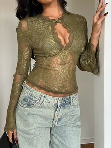 Aloruh Sexy Olive Green Lace Water Drop Neck Flare Sleeve Fitted Women's Top - Olive Green - View 4